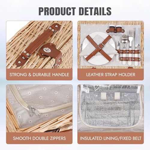 HappyPicnic Picnic Basket Set for 2 - Wicker Picnic Basket with Waterproof Blanket & Insulated Liner, Large Handmade Willow Hamper with Cutlery Kit for Outdoor, Picnic, Camping, Holidays (Flower) - color: White Flower