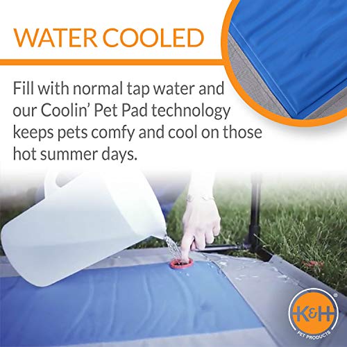 K&H Pet Products Coolin' Pet Cot, Outdoor Cooling Elevated Dog Cot for Large Dogs, Raised Bed with Cool-Core Center, Portable Pet Platform with Heavy-Duty Metal Frame - Large Gray/Blue - size: Large, style: Cooling Cot