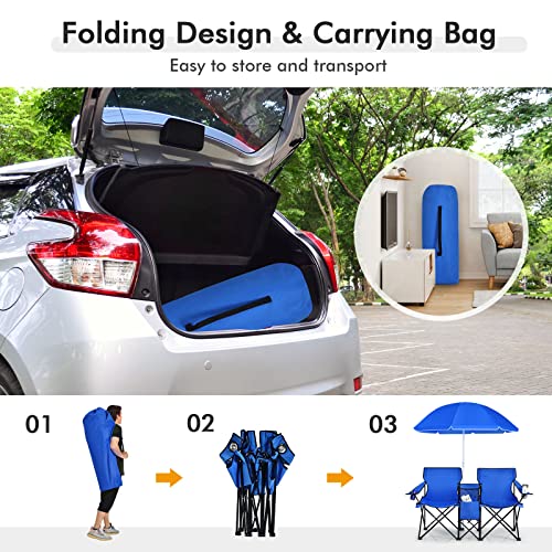 LDAILY LUARANE Folding Double Camping Chair, Outdoor Picnic Chairs w/Removable Umbrella, Mini Table, Cup Holder & Carrying Bag, Portable Camping Loveseat for Patio, Pool, Lawn, Beach, Park (Blue) - color: Blue