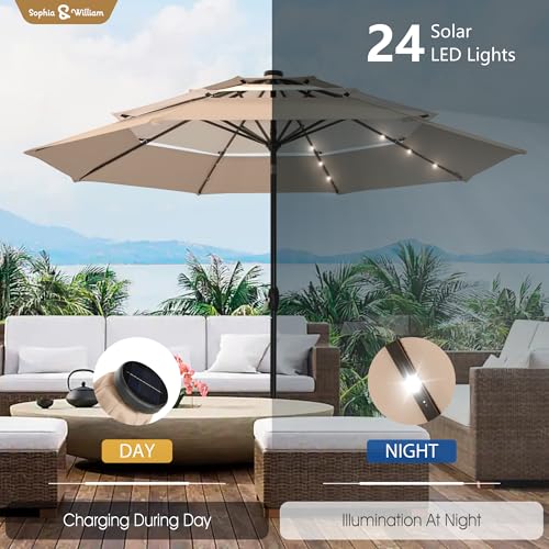 Sophia & William 10ft Patio Umbrellas 3-Tier Umbrella Outdoor Patio Umbrellas with Lights Vented Top 24 LED lights Adjustable Tilt for Pool Garden Backyard, Mixed Beige - color: Mixed Beige