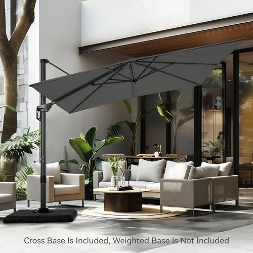 PHI VILLA 9'x 12' Cantilever Patio Umbrella with Crank Handle, 6-Level Tilt & 360° Rotation, Aluminum Square Outdoor Offset Umbrella Windproof & Crashproof for Garden, Deck, Pool (Grey) - color: Grey, size: 9'x12'- No Base