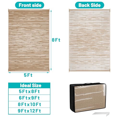 HEBE Outdoor Rug 5'x8' Waterproof, Reversible Plastic Straw Patio Rug Camping Mat, Indoor Outdoor Area Rug Carpet for Patios, Deck, Porch, RV, Camping, Picnic, Balcony - color: Stripe/Beige, size: 5' x 8' (Rectangular)