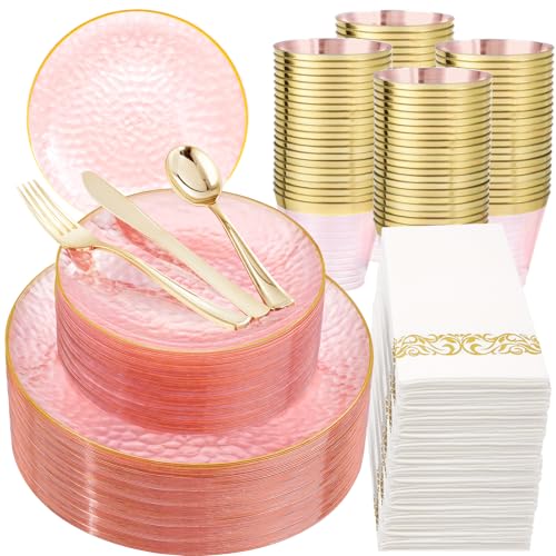 DaYammi 350 Pcs Clear Pink Plastic Plates, Hammered Disposable Dinnerware, Pink Plates Set Include 100 Plastic Platos, 150 Gold Disposable Silverware, 50 Cups And 50 Napkins for Mother's Day Party - color: Clear Pink, size: 350 Pcs