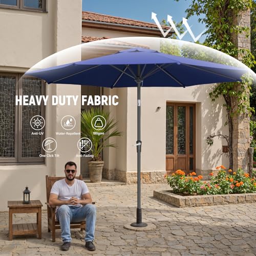 Outdoor Patio Umbrella with One Push Button Tilt and Crank, 8 Sturdy Ribs Market Table Umbrella - color: Blue-Steel Ribs, size: 11FT