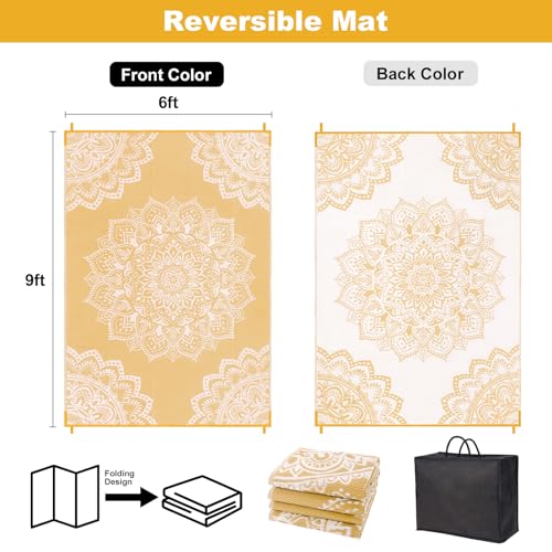Yamaziot Waterproof Outdoor Rug 6x9 ft, Reversible Plastic Straw Rug for Patio Clearance, Camping, RV Mat, Large Outside Rug Carpet for Porch, Deck, Backyard, Balcony, Picnic, Yellow - color: Yellow, size: 6' x9'