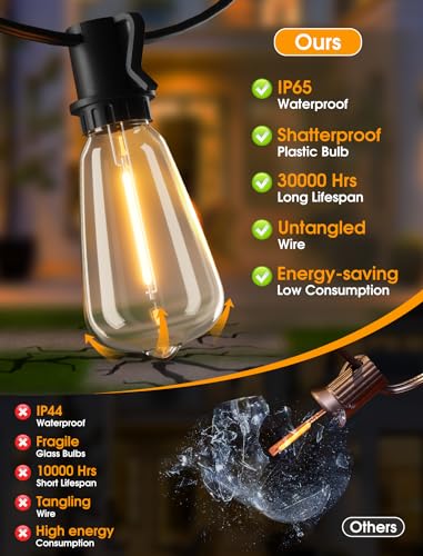 Larkvue 100FT(4x25FT) Outdoor String Lights, Patio Lights with 40+4 LED Dimmable Waterproof Linkable ST38 Edison Bulbs for Gazebo Camping Party, Black - color: Black, size: 100FT