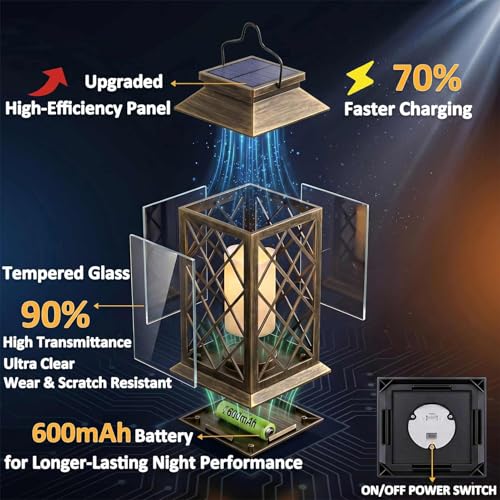 Solar Lanterns Outdoor Waterproof, Flickering Candles Hanging Solar Lights for Outside Garden Patio Wall Porch Decorative, Lamp with Upgraded Solar Panel, Tempered Glass & Clip, Bronze 2 Pack - style: Bronze*2, 4.2*4.2*8.7in