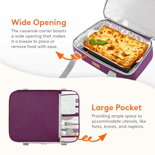 Lifewit Insulated Double Decker Casserole Carrier, Expandable Lasagna Lugger Tote Bag for Hot or Cold Food, Fits 9" x 13" Baking Dish for Potluck Parties, Picnic and Cookouts, Purple - color: Purple