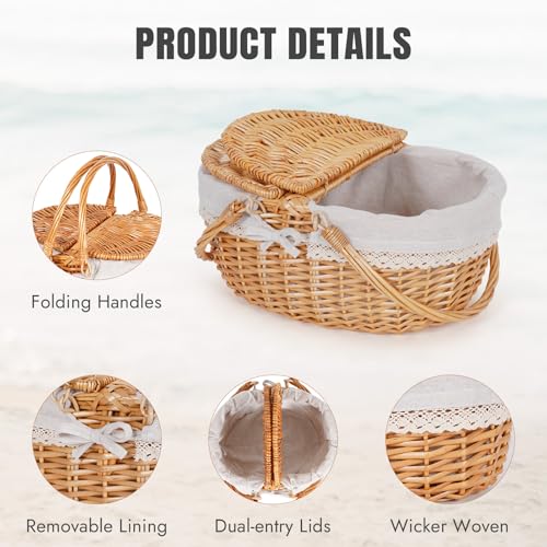 Happypicnic Wicker Picnic Basket with Handle, 15" Large Empty Picnic Basket with Lid & Removable Liner, Vintage Hand Woven Basket for Picnics, Camping, Veg Picking, Mother's Day, Thanksgiving (Solid) - color: Solid, size: Large
