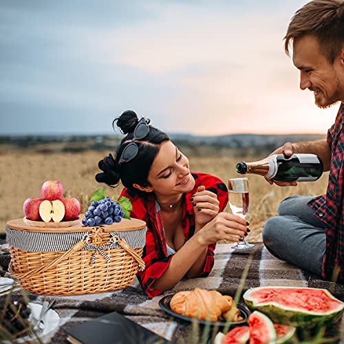 Wicker Picnic Basket with Liner, Wooden Split Lid Picnic Basket, Vintage-Style Picnic Hamper with Folding Woven Handle for Picnic, Camping, Outdoor, Valentine Day, Thanks Giving, Birthday (Grey) - color: Grey Stripe W/Liner