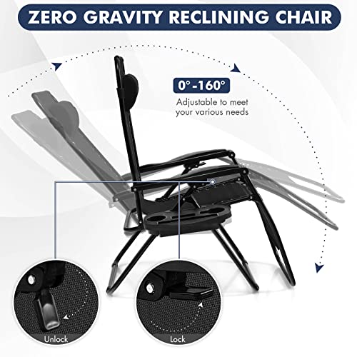 Giantex Zero Gravity Reclining Chair, Outdoor Patio Recliner with Cup Holder & Removable Pillow, Adjustable Backrest, Indoor Lounge Chair for Backyard, Garden, Poolside (Black) - color: Black, size: 1 Count (Pack of 1)