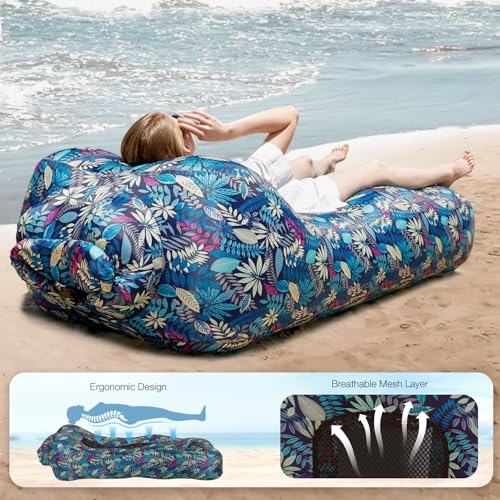 Inflatable Couch Air Lounger for Adults, Ultralight Portable Blow up Couch Air Sofa, Inflatable Beach Lounger Bed for Camping Hiking Festival Backyard Lawn, No Pump Required - color: Tropical Blue