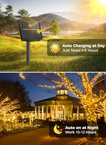 Minetom Solar String Lights Outdoor Waterproof- 40 FT 100 LED Solar Powered String Lights with 8 Lighting Modes, IP65 Waterproof Solar Christmas Lights for Outdoor Outside Tree Party Decor, Warm White - color: Warm White, size: 40 Ft 1pack