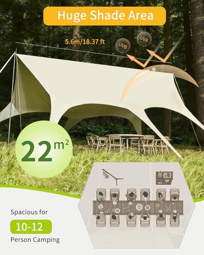 Camping Tarp with Poles, No Rope Tying 2-Step Setup, 11x18FT Waterproof 10-12 Person Tarp Shelter, 22ft² 2.6m Height 210D Oxford Family SUV Park Beach Outdoor Sun Shelter, Beige - color: Beige