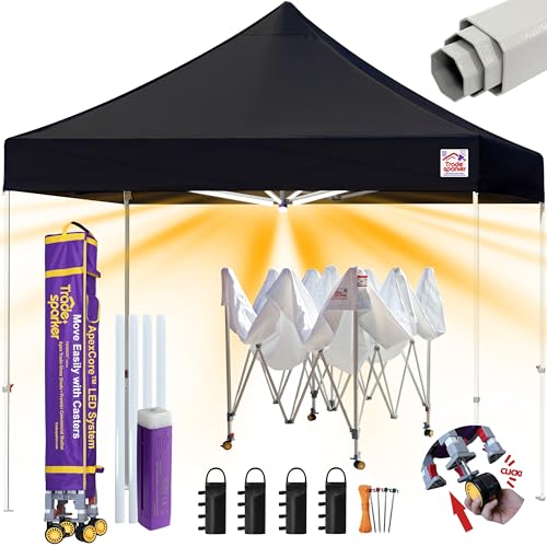 Tradesparker 8x8 Pop Up Canopy Tent,Commercial Movable Canopy with ApexCore LED&Rugged Casters-Instant Easy Setup Shelter Canopies with Weight Bags&Stakes for Outdoor Events Markets Vendors,Black - color: Black, size: 8x8