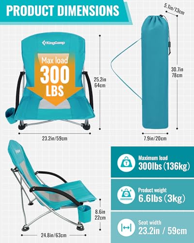 KingCamp Low Beach Chair, High Back Folding Camping Chair for Adults, Oversized Breathable Mesh Seat, 300lbs Heavy Duty Portable Chair with Cup Holder & Storage Pockets for Beach, Outdoor - color: Ergobreeze C Cyan