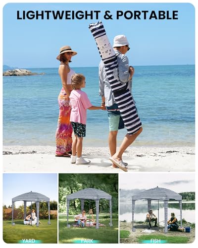 Qipi Beach Cabanas for Sand, Beach Canopy with Sandbags & Side Wall for Family, Easy Set Up Sun Shelter, UPF 50+ UV Protection with Roof Vent - color: 6' x 6' A-Sailor Stripes