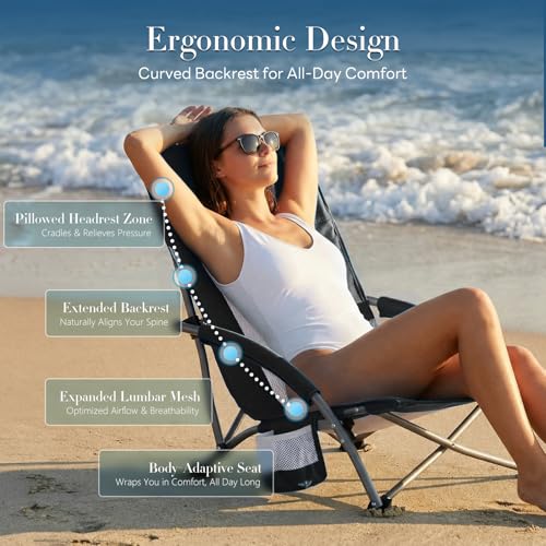 DUMOS Low Camping Beach Chair, Lightweight Folding Portable Beach Chair with Cup Holder, Storage Pocket, Breeze Mesh Back, Padded Armrests, Low Profile Chair for Camp, Picnic, Lawn, Sand, Black - color: Black, size: 25.79*22.24*27.36inch