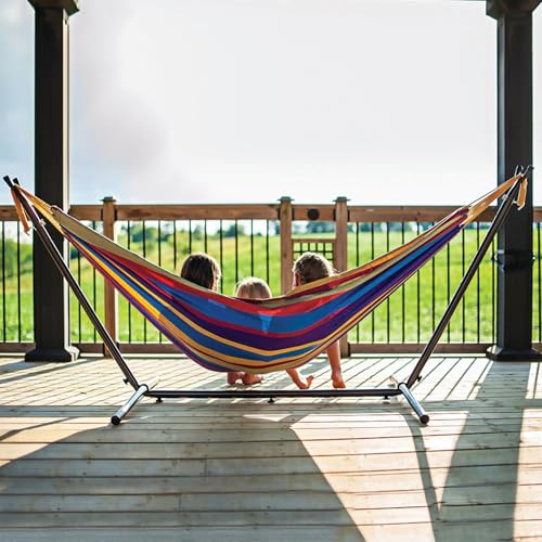 Vivere Double Cotton Hammock with Space Saving Steel Stand, Upgraded Polyester End Strings 450 lb Capacity - Premium Carry Bag Included - USA Grown Cotton (Tropical) - color: Tropical