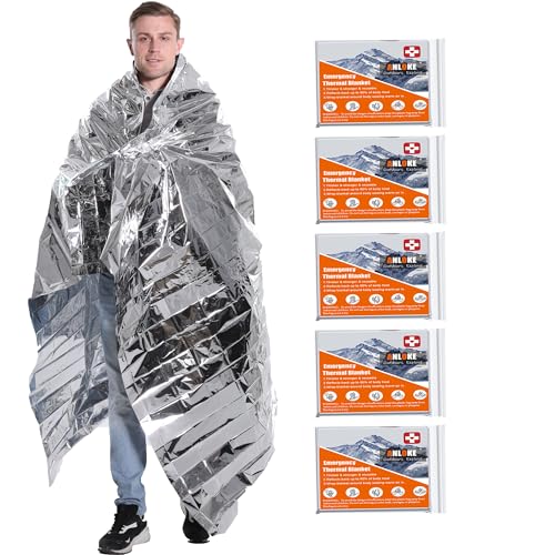ANLOKE Emergency Blankets Mylar Thermal Blanket-(5 Pack) of Gigantic Space Blanket 82 * 64 in. Survival Blankets Heavy Duty Camping Gear,First Aid… - color: Silver-5 Pack