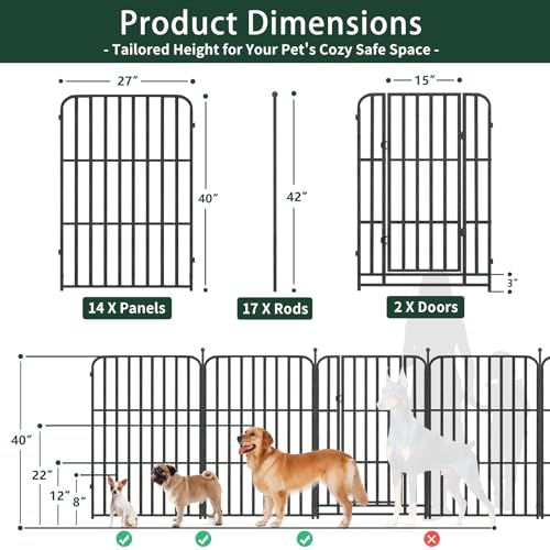 Metal Dog Playpen 40" 16 Panels with 2 Doors for Medium Large Dogs, Indoor Outdoor Exercise Pen for Yard RV Camping, Thickened Steel Tube, Gravity Lock & Ball Head Iron Rods - style: 40"H