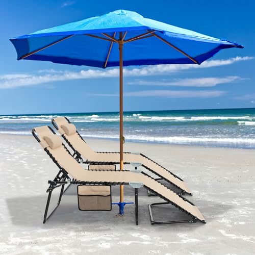 GYMAX Lounge Chairs for Outside, Extra High Folding Beach Tanning Lounger with Adjustable Backrest, Footrest & Removable Pillow, Sunbath Lounge for Patio, Lawn, Poolside (1, Beige with Pocket) - color: Beige With Pocket