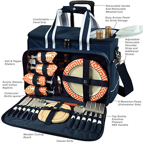 Picnic at Ascot- Original Insulated Picnic Cooler on Wheels with Service for 4- Designed & Assembled in The USA - color: Navy/Orange
