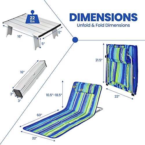 Giantex Beach Chairs for Adults 2 Pack Set with Side Table, 5 Position Adjustable Folding Lawn Chair for Sunbathing, Patio Chaise Lounge Lightweight Backpack Camping Chairs (Stripe) - color: Stripe