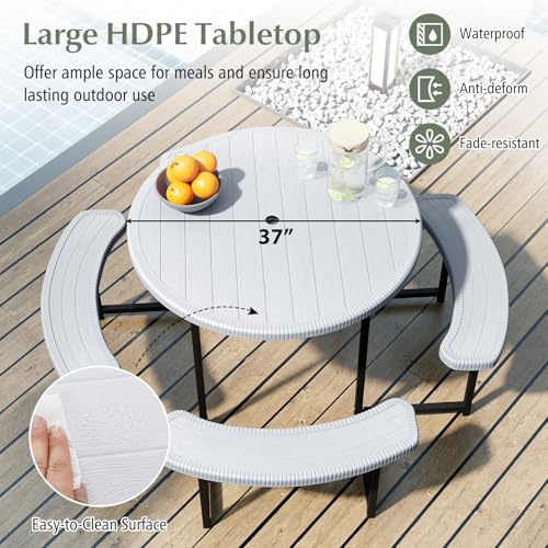 Byroce 8-Person Picnic Table for Outdoors, HDPE Picnic Table Set with 4 Benches, Umbrella Hole & Metal Frame, Heavy Duty Round Dining Table Chairs for BBQ Party in Patio, Yard & Poolside (White) - color: White