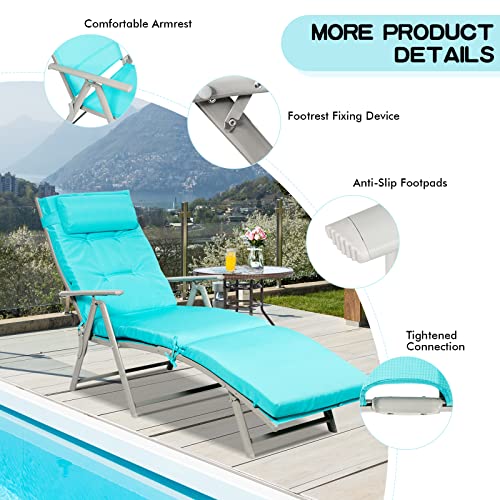 Giantex Chaise Lounge Chair for Outside, Pool Folding Reclining Beach Chair W/Removable Cushion&Headrest Pillow, Outdoor Lounge Chaise w/ 7 Backrest Positions, Portable Patio Lounger (1, Turquoise) - color: Turquoise