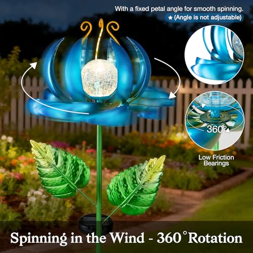 Solar Yard Lights Wind Spinners- Metal Lotus Flower Garden Decor LED Crackle Glass Globe Yard Art Sculpture Solar Stake Lights for Patio Pathway Lawn Walkway (Blue-Large) - color: Blue-large