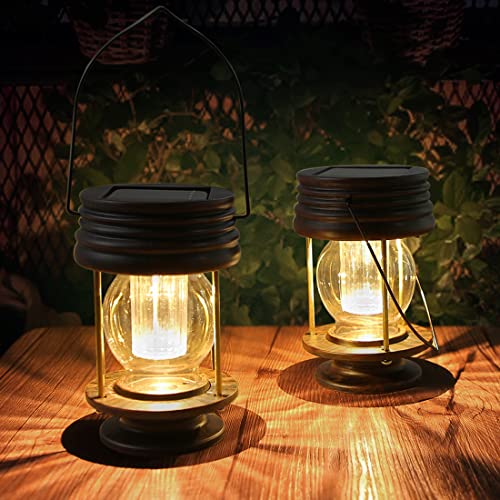 Solar Lanterns Outdoor - 2 Pack Hanging Solar Lights for Outside, Waterproof Outdoor Garden Lanterns Lamp Vintage Design for Landscape Yard Pathway Beach Pavilion Table Decoration (Warm Lights) - color: 2 Pack Warm Lights