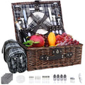 Neti Neti Wicker Picnic Basket for 4 with Insulated Cooler & Waterproof Blanket – Large Willow Picnic Hamper for Outdoor, Camping, Beach, Romantic Dates, Valentine’s Day - color: Black & White Checkerboard