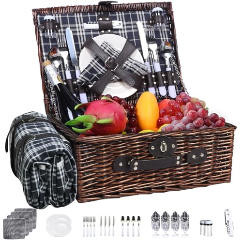 Neti Neti Wicker Picnic Basket for 4 with Insulated Cooler & Waterproof Blanket – Large Willow Picnic Hamper for Outdoor, Camping, Beach, Romantic Dates, Valentine’s Day - color: Black & White Checkerboard