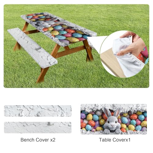 ANNA QUEEN Easter Bunny 6FT Picnic Table Cover with Bench Covers Set of 3 with Drawstring Bag, Bunny & Easter Eggs 72"x30" Waterproof Picnic Tablecloth & Bench Covers for Outdoor Party - color: #60
