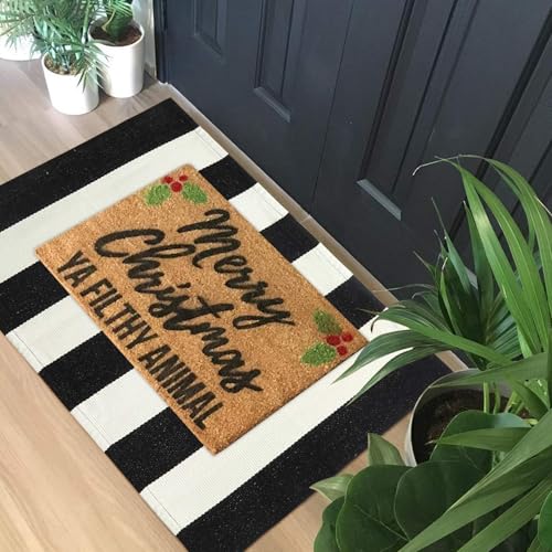 LEEVAN Black and White Rug 2X3, Washable Black Door Mat Cotton Woven Front Porch Rugs, Layered Door Mats Outdoor Welcome Indoor Door Mats, Farmhouse Go Away Doormat Door Mat Indoor Entrance Rug - color: Black and White Stripes, size: 2' x 3' (Rectangular)