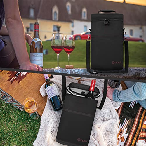 opux 2 Bottle Wine Carrier Tote, Insulated Leakproof Wine Cooler Bag, Wine Travel Bag Tote for Picnic BYOB Beach, Portable Wine Bottle Carrying Case, Gift for Wine Lover Women Men Christmas, Black - color: Black
