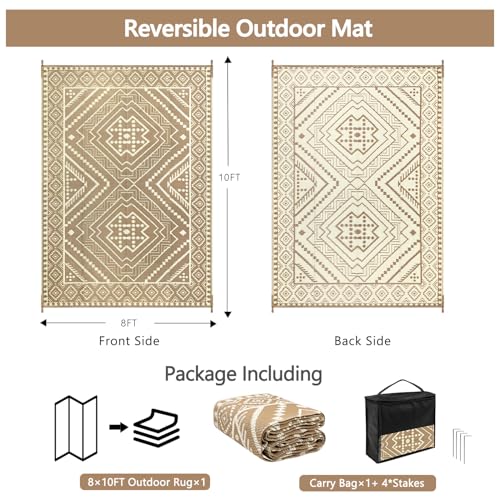 Waterproof Outdoor Rug 8x10 ft, Reversible Plastic Straw Mat, Large Floor Mat for Patio, Camping, Picnic, Backyard RV, Deck, Beige - color: Beige, size: 8' x 10'