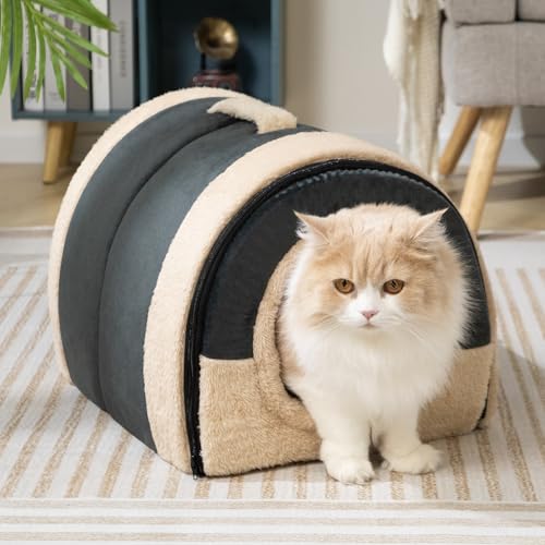 Hollypet Cat Bed Self-Warming 2 in 1 Foldable Kitty Cave Hut House Nest Pet Sleeping Bed, Crystal Velvet Pet Condo for Indoor Cats, Dark Gray Arched Cave - color: Dark Gray Arched Cave