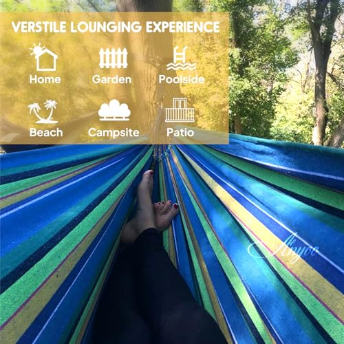 ANYOO Cotton Hammock Portable Camping Hammocks for Hanging Sturdy Garden Comfortable Fabric Hammock with Tree Straps Up to 660lbs with Travel Bag for Camping Outdoor/Indoor Patio Backyard - color: Blue/Yellow/Green Stripe
