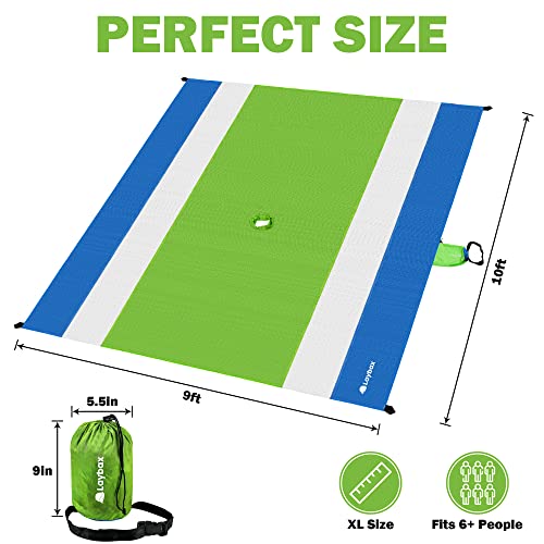 Green Water-Resistant, Sandproof 10x9ft Beach Blanket With Umbrella Hole–Beach Mat, Compact and Lightweight, Stuff Sack, 4 Stakes, Sand Pockets, Works with Beach Canopies, Umbrellas, Kids Tents - color: Green, size: 9x10