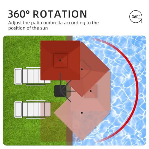 JZAC & QZYD 9x9 FT Outdoor Cantilever Patio Umbrella with Base Included and Solar LED Lights, Large Heavy Duty 2-Tier Square Aluminum Offset Umbrellas with 360-Degree Rotation for Pool Deck, Red - color: Red, size: 9'×9' - Weighted Base Included