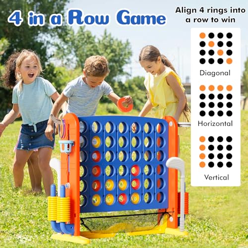 Ancaixin Giant 4 in-A-Row Connect Game Set, Adjustable Height Jumbo Yard Game with Basketball Hoop, Golf, Mesh Pocket & Ring Toss, Indoor Outdoor Family Backyard Party Game for Kids and Adults, Blue - color: Blue