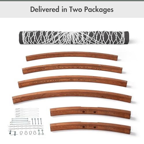 ANOW 13.5FT Curved Wood Stand with Portable Rope Hammock, Heavy Duty Larch Wood Arc Stand with 2 Chains, 4 Balance Ropes and 4 Carabiners, Includes Gray Hammock with Spreader Bars - color: Grey