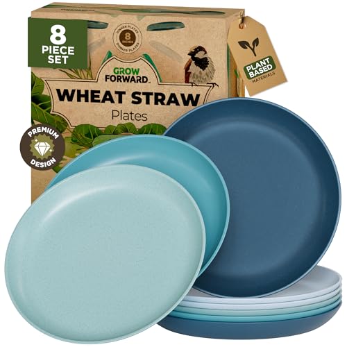 Grow Forward Premium Wheat Straw Plates - 8 Inch Reusable Hard Plastic Dinner Plates Set of 8 - Unbreakable Microwave Safe Plates for Dessert, Camping, RV, Outdoors, Patio, Kitchen Dishes - Seascape - color: Seascape, size: 8 inch