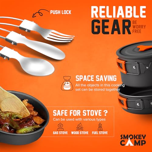 Smokey Camp Camping Cookware Mess Kit Set with Stove - Backpacking Camping Pots and Pans Set, All in One Non-Stick Camping Cooking Set, Portable Stove, Hiking, Picnic, Outdoor & Camping Cookware Set - style: 2.0 Liter Pot