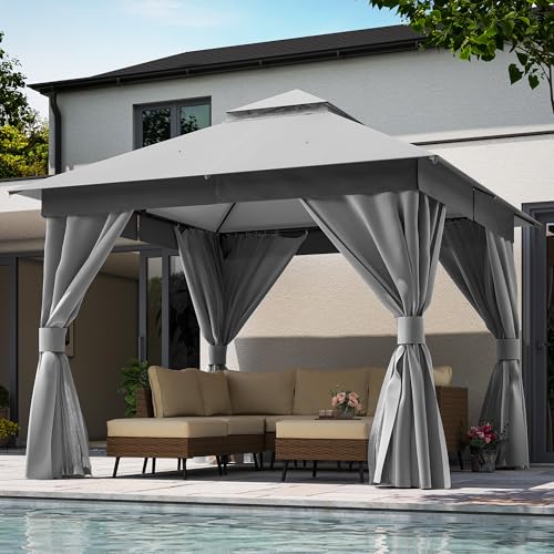 LAUSAINT HOME 10'x10' Outdoor Gazebo, Metal Frame Heavy Duty Patio Canopy Tent Shelter with Double Roofs, Mosquito Nettings and Privacy Screens for Backyard, Garden, Lawn, Gray - color: Gray, size: 10'x10'