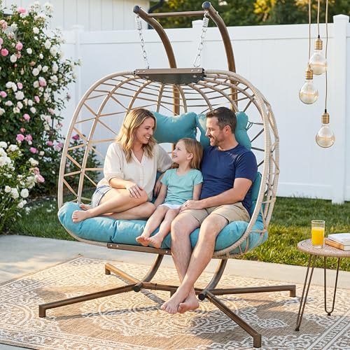 BULEXYARD Double Egg Chair with Stand Indoor Outdoor 2 Person Large Wicker Hanging Swing Chair Oversized Twins Patio Loveseat 2 Seat Beige Rattan Light Green Cushions - color: Beige/Light Green, size: 2 Seats (No Cover)