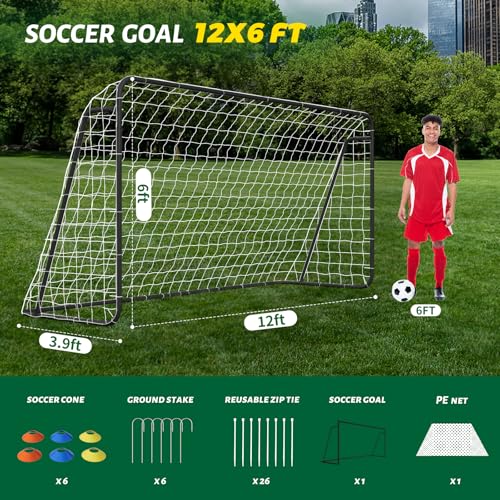 NAIZEA Soccer Goals - 24x8/21x7/18x7/12x6/16x7/10x6/8x6/6x4FT Soccer Goals for Backyard - Metal Soccer Goal for Youth Adult - Multiple Sizes Colors- Perfect for Games Indoor Outdoor - size: 12ft x 6ft, style: Starter-Black/Steel