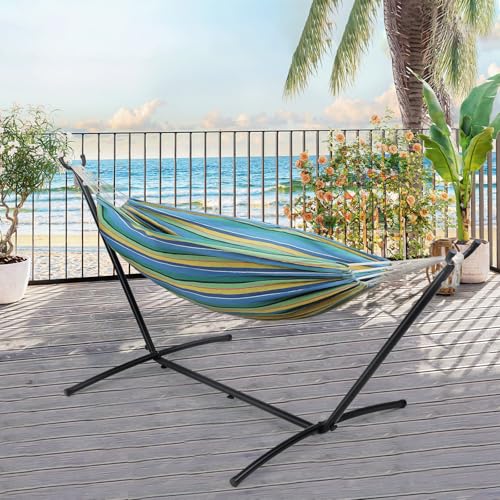 Athena Collection Double Hammock with Stand for Outside, Heavy-Duty Steel Stand 250 Lbs Weight Capacity, Portable Outdoor Hammock Swing with Carry Bag for Indoor, Outdoor, Backyard, Blue Yellow - color: Blue Yellow